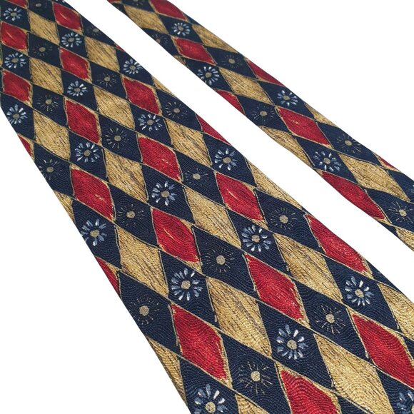 Paul Fredrick Silk Tie Harlequin Red Gold Blue Diamond Daisies Handmade Italy - Picture 2 of 5